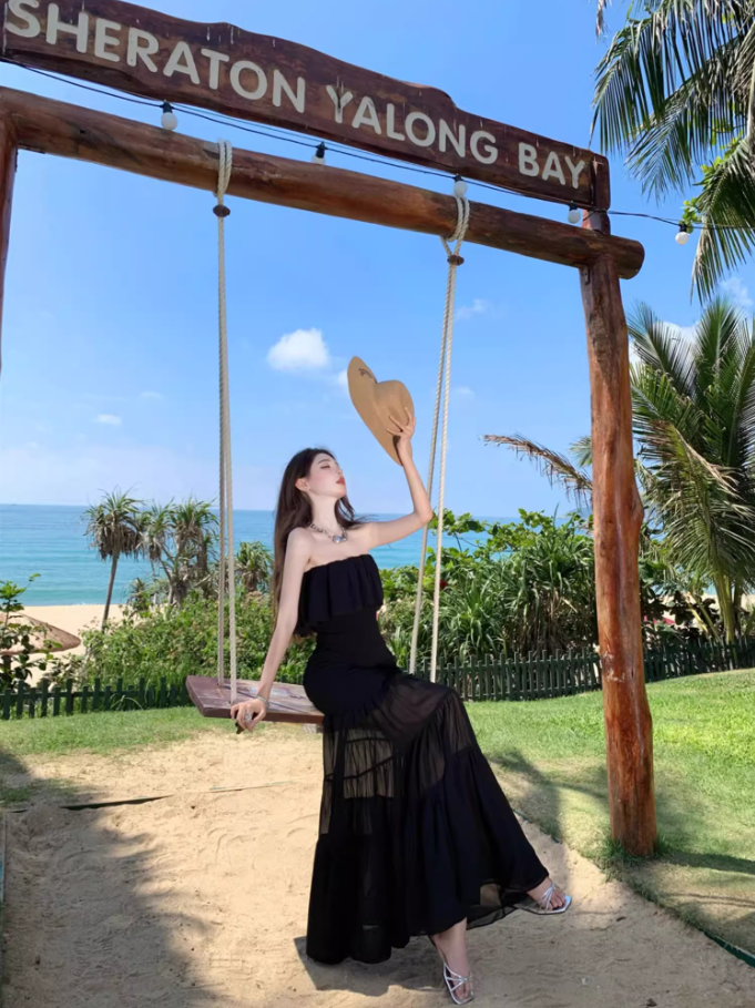 Charming Black Strapless Mermaid Maxi Dress Gen Z Vacays Outfit Ruffled Layered Mesh Long Dress AP1407