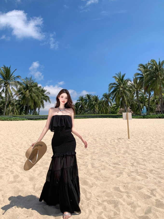 Charming Black Strapless Mermaid Maxi Dress Gen Z Vacays Outfit Ruffled Layered Mesh Long Dress AP1407