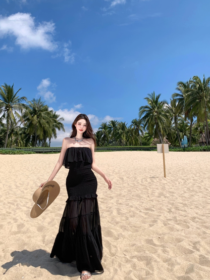 Charming Black Strapless Mermaid Maxi Dress Gen Z Vacays Outfit Ruffled Layered Mesh Long Dress AP1407