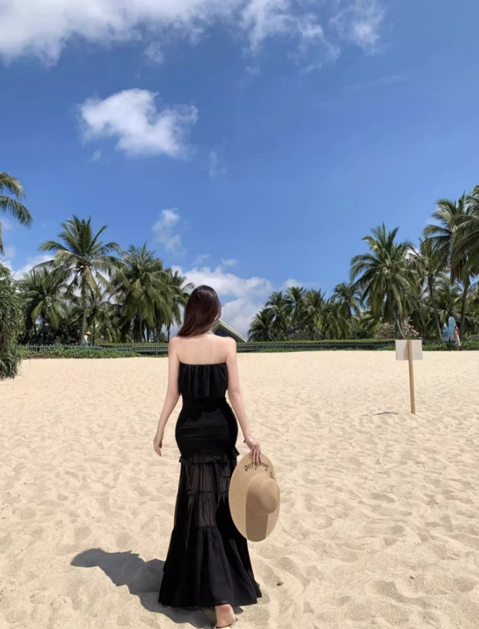 Charming Black Strapless Mermaid Maxi Dress Gen Z Vacays Outfit Ruffled Layered Mesh Long Dress AP1407