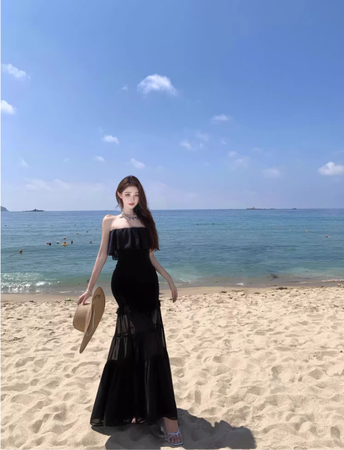 Charming Black Strapless Mermaid Maxi Dress Gen Z Vacays Outfit Ruffled Layered Mesh Long Dress AP1407