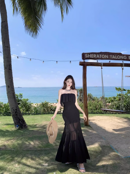 Charming Black Strapless Mermaid Maxi Dress Gen Z Vacays Outfit Ruffled Layered Mesh Long Dress AP1407