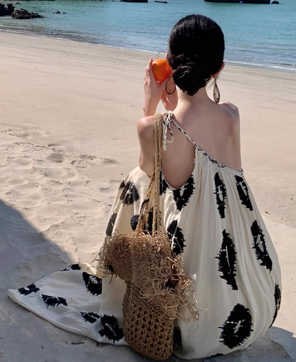 Avant-Garde One-Shoulder Boho Style Print Maxi Dress Chic Vacays Asymmetric Neck Loose Fit Long Dress AP1408