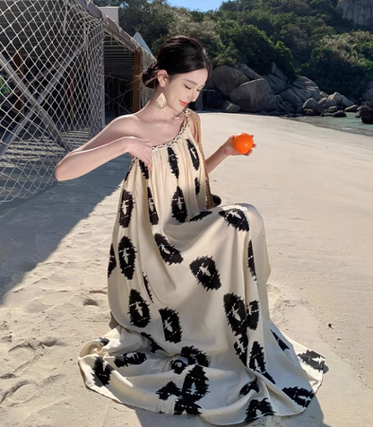 Avant-Garde One-Shoulder Boho Style Print Maxi Dress Chic Vacays Asymmetric Neck Loose Fit Long Dress AP1408