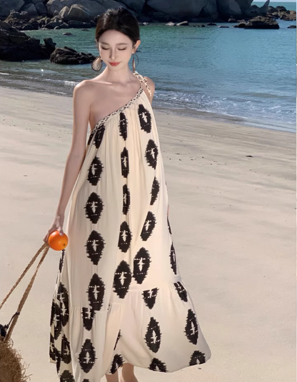 Avant-Garde One-Shoulder Boho Style Print Maxi Dress Chic Vacays Asymmetric Neck Loose Fit Long Dress AP1408