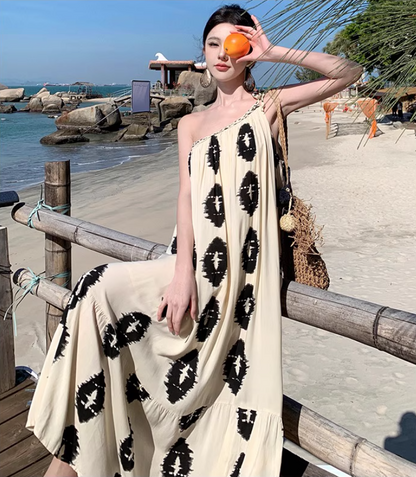 Avant-Garde One-Shoulder Boho Style Print Maxi Dress Chic Vacays Asymmetric Neck Loose Fit Long Dress AP1408