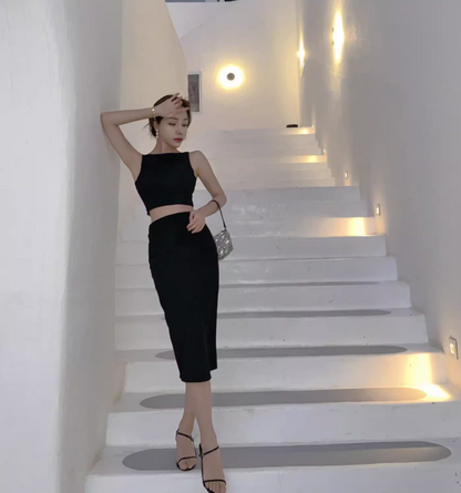 Charming Everyday Wear Black Sheath Midi Dress Two-Piece Set Cutout Top Bodycon Long Dress AP1409