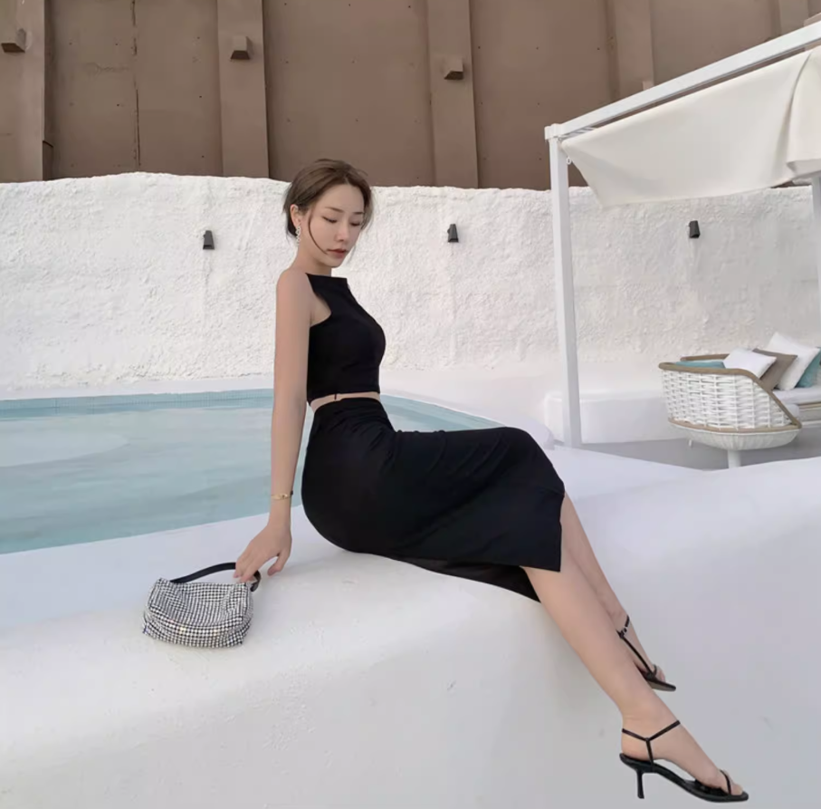 Charming Everyday Wear Black Sheath Midi Dress Two-Piece Set Cutout Top Bodycon Long Dress AP1409