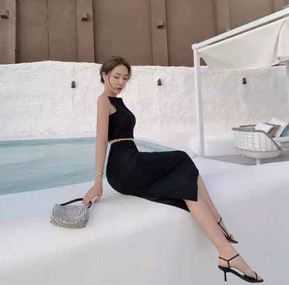 Charming Everyday Wear Black Sheath Midi Dress Two-Piece Set Cutout Top Bodycon Long Dress AP1409