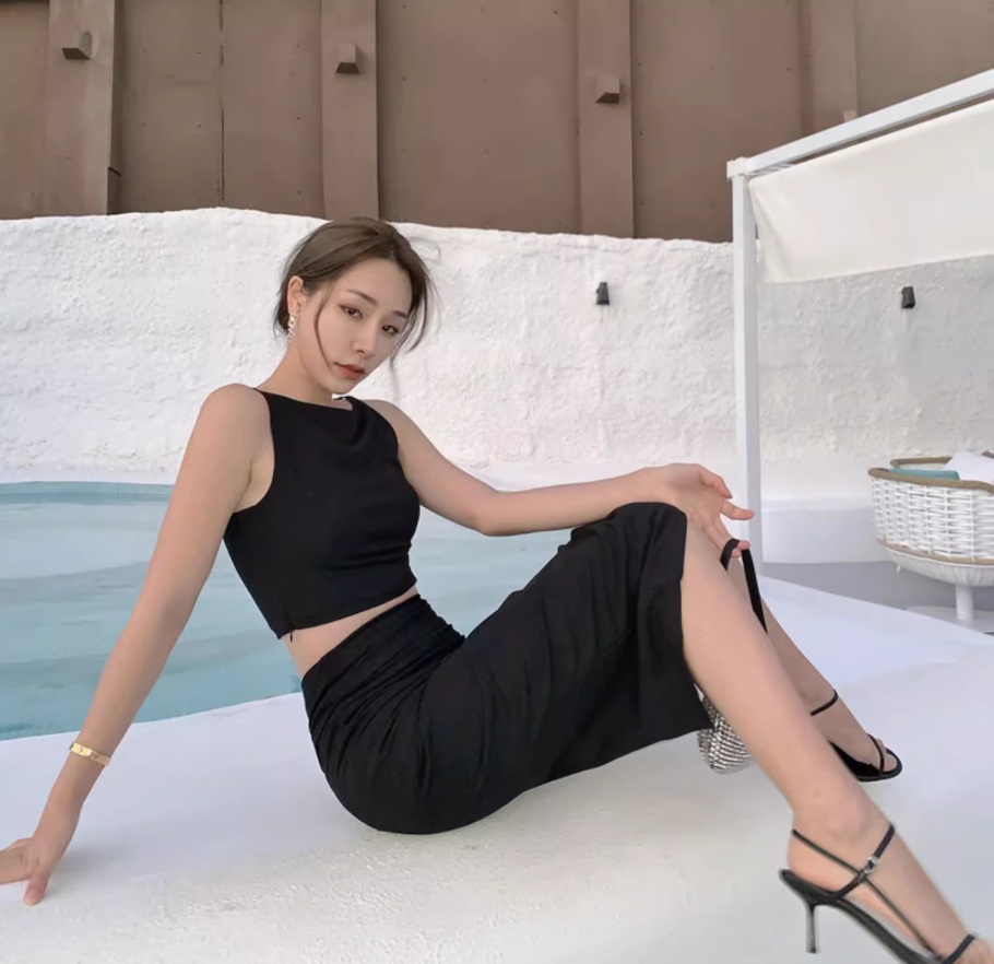 Charming Everyday Wear Black Sheath Midi Dress Two-Piece Set Cutout Top Bodycon Long Dress AP1409