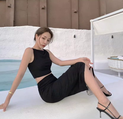 Charming Everyday Wear Black Sheath Midi Dress Two-Piece Set Cutout Top Bodycon Long Dress AP1409