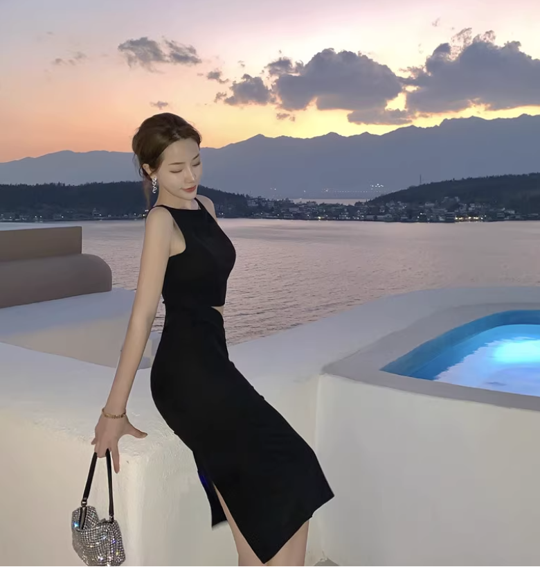 Charming Everyday Wear Black Sheath Midi Dress Two-Piece Set Cutout Top Bodycon Long Dress AP1409