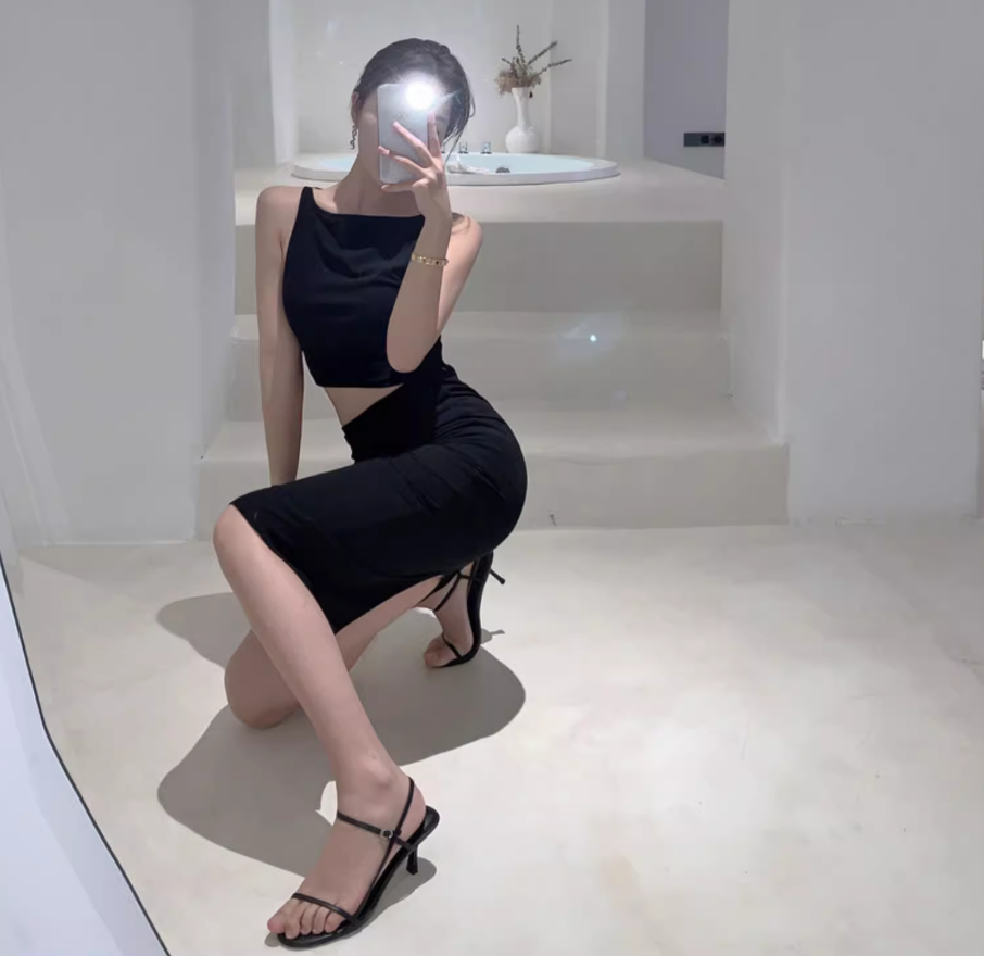 Charming Everyday Wear Black Sheath Midi Dress Two-Piece Set Cutout Top Bodycon Long Dress AP1409