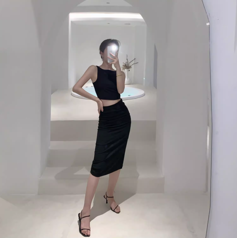 Charming Everyday Wear Black Sheath Midi Dress Two-Piece Set Cutout Top Bodycon Long Dress AP1409