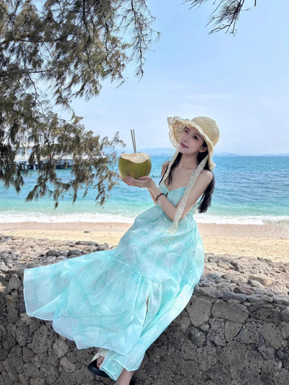 New Stylish Mint Green Loose Fit Maxi Dress Beach Vacays Backless Halter Long Dress AP1410