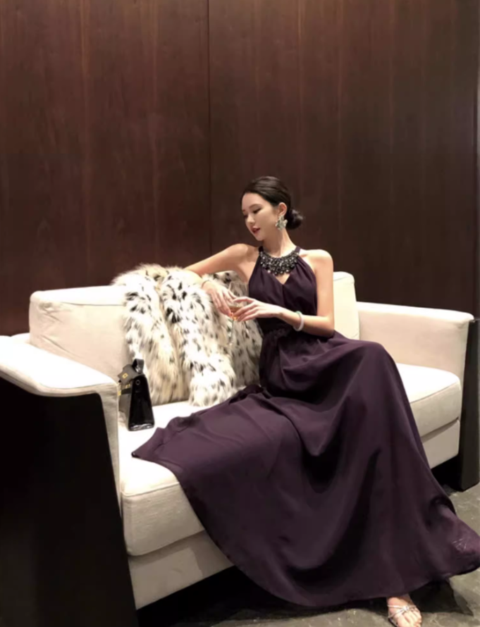 Fashionable Purple Beading Maxi Dress Chic Flowy Double Layers Evening Galas Halter Long Dress AP1411