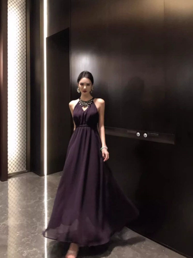 Fashionable Purple Beading Maxi Dress Chic Flowy Double Layers Evening Galas Halter Long Dress AP1411