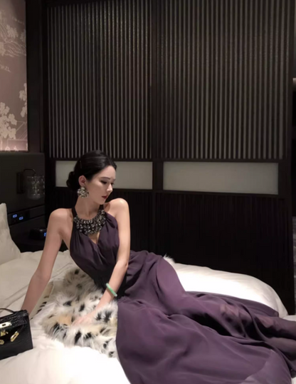 Fashionable Purple Beading Maxi Dress Chic Flowy Double Layers Evening Galas Halter Long Dress AP1411