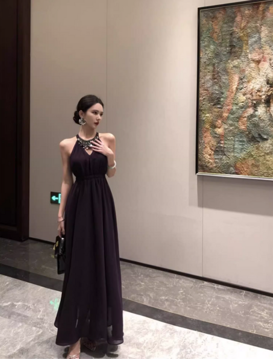 Fashionable Purple Beading Maxi Dress Chic Flowy Double Layers Evening Galas Halter Long Dress AP1411