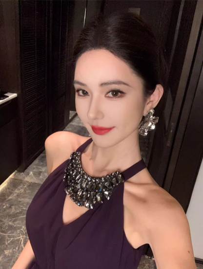 Fashionable Purple Beading Maxi Dress Chic Flowy Double Layers Evening Galas Halter Long Dress AP1411