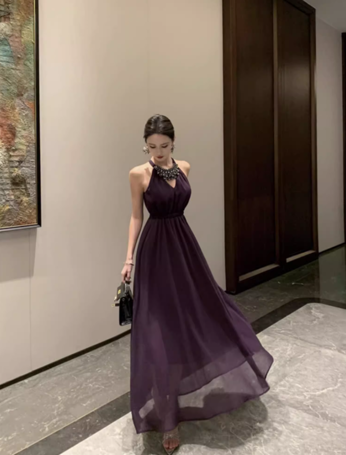 Fashionable Purple Beading Maxi Dress Chic Flowy Double Layers Evening Galas Halter Long Dress AP1411