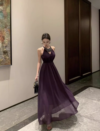 Fashionable Purple Beading Maxi Dress Chic Flowy Double Layers Evening Galas Halter Long Dress AP1411