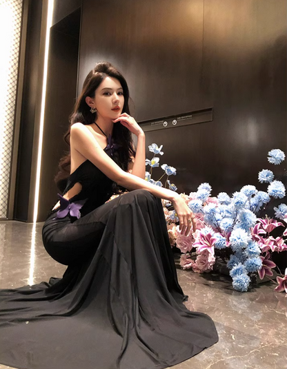 Alluring Butterfly-Accent Black Maxi Dress Niche Hollow-Out Backless Mermaid Halter Long Dress AP1412