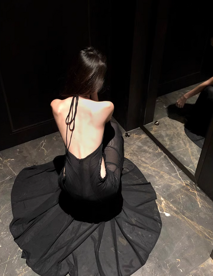 Alluring Butterfly-Accent Black Maxi Dress Niche Hollow-Out Backless Mermaid Halter Long Dress AP1412