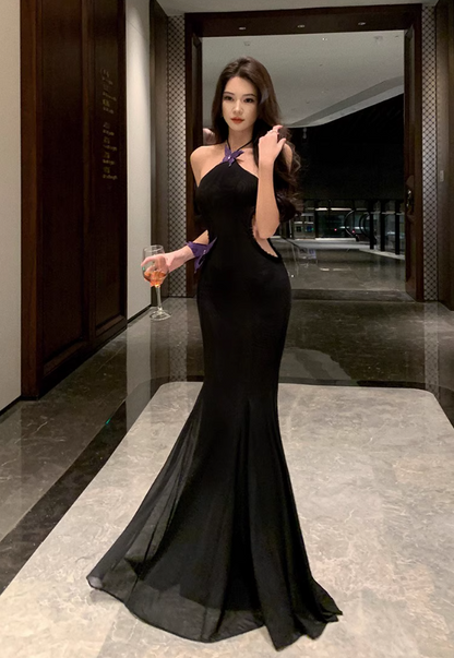 Alluring Butterfly-Accent Black Maxi Dress Niche Hollow-Out Backless Mermaid Halter Long Dress AP1412
