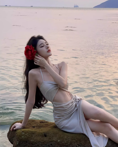 Alluring Glitter Sequins Open-Waist Midi Dress Chic Bodycon Backless Mermaid High-Slit Halter Long Dress AP1413