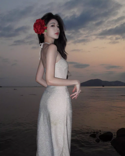 Alluring Glitter Sequins Open-Waist Midi Dress Chic Bodycon Backless Mermaid High-Slit Halter Long Dress AP1413