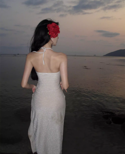 Alluring Glitter Sequins Open-Waist Midi Dress Chic Bodycon Backless Mermaid High-Slit Halter Long Dress AP1413