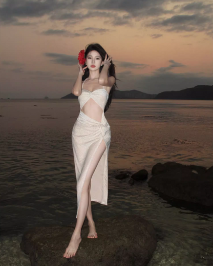 Alluring Glitter Sequins Open-Waist Midi Dress Chic Bodycon Backless Mermaid High-Slit Halter Long Dress AP1413