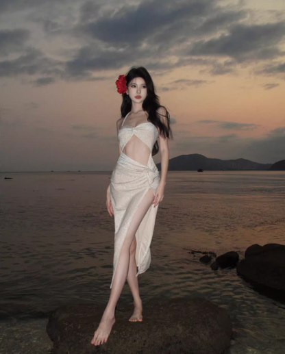 Alluring Glitter Sequins Open-Waist Midi Dress Chic Bodycon Backless Mermaid High-Slit Halter Long Dress AP1413