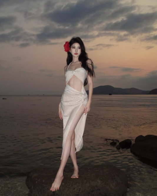 Alluring Glitter Sequins Open-Waist Midi Dress Chic Bodycon Backless Mermaid High-Slit Halter Long Dress AP1413