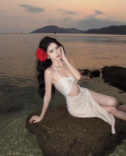 Alluring Glitter Sequins Open-Waist Midi Dress Chic Bodycon Backless Mermaid High-Slit Halter Long Dress AP1413