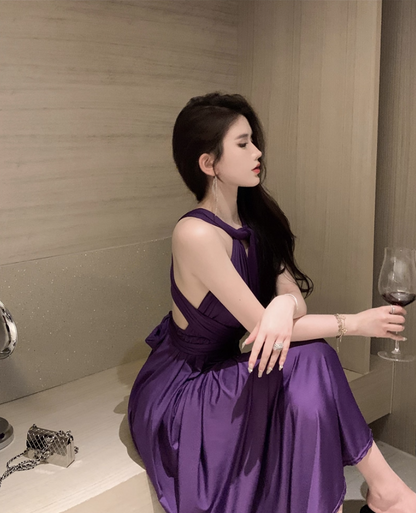 Sexy Purple Draped Hollow-Out Maxi Dress Chic CinChed-Waist Tie-Back Halter Long Dress AP1414