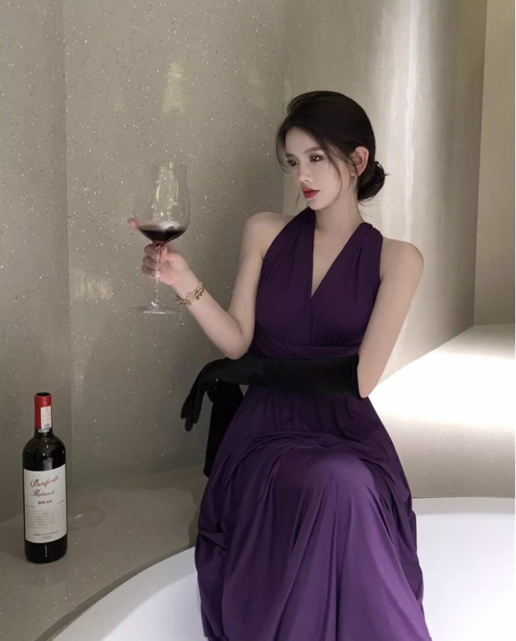 Sexy Purple Draped Hollow-Out Maxi Dress Chic CinChed-Waist Tie-Back Halter Long Dress AP1414