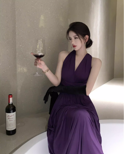 Sexy Purple Draped Hollow-Out Maxi Dress Chic CinChed-Waist Tie-Back Halter Long Dress AP1414