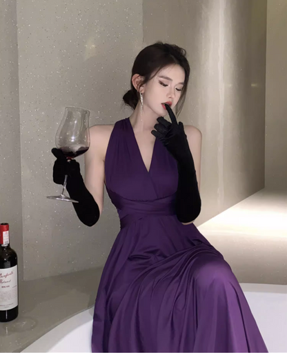 Sexy Purple Draped Hollow-Out Maxi Dress Chic CinChed-Waist Tie-Back Halter Long Dress AP1414