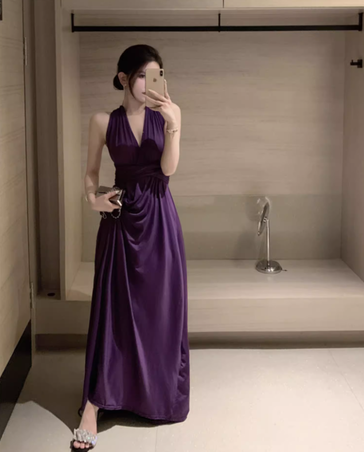 Sexy Purple Draped Hollow-Out Maxi Dress Chic CinChed-Waist Tie-Back Halter Long Dress AP1414