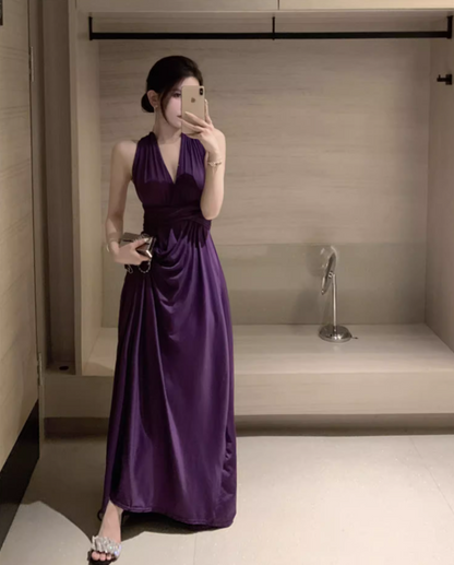 Sexy Purple Draped Hollow-Out Maxi Dress Chic CinChed-Waist Tie-Back Halter Long Dress AP1414