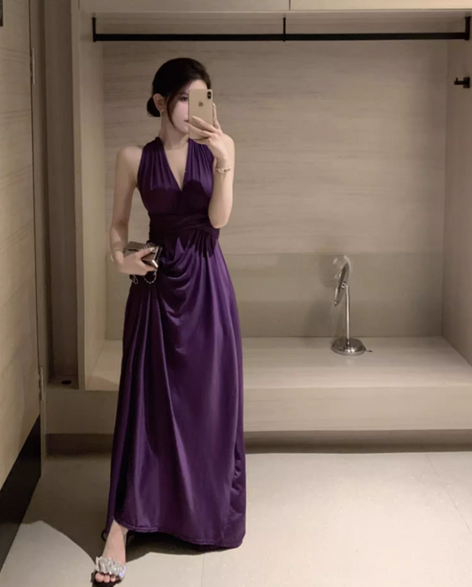 Sexy Purple Draped Hollow-Out Maxi Dress Chic CinChed-Waist Tie-Back Halter Long Dress AP1414