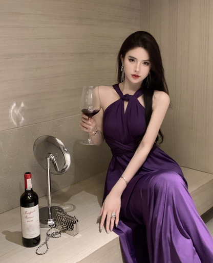 Sexy Purple Draped Hollow-Out Maxi Dress Chic CinChed-Waist Tie-Back Halter Long Dress AP1414