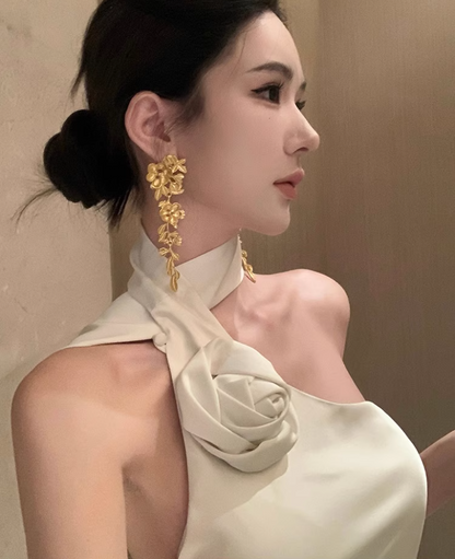 Glamorous Flower Ornament Asymmetric Neck Maxi Dress Niche Special Occasions Ivory Mermaid Halter Long Dress AP1415