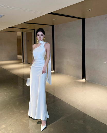 Glamorous Flower Ornament Asymmetric Neck Maxi Dress Niche Special Occasions Ivory Mermaid Halter Long Dress AP1415