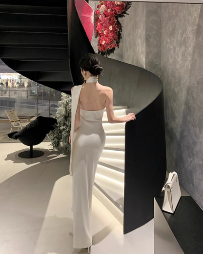 Glamorous Flower Ornament Asymmetric Neck Maxi Dress Niche Special Occasions Ivory Mermaid Halter Long Dress AP1415