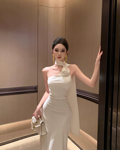 Glamorous Flower Ornament Asymmetric Neck Maxi Dress Niche Special Occasions Ivory Mermaid Halter Long Dress AP1415