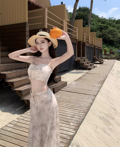 Charming Two-Piece Set Floral Print Maxi Dress Fashion Flowy Cutout Top Tie-Back Halter Long Dress AP1416