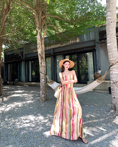 Dopamine Style Colorful Striped Maxi Dress Gen Z Vacays Outfit Flowy Strapless High-Slit Long Dress AP1417